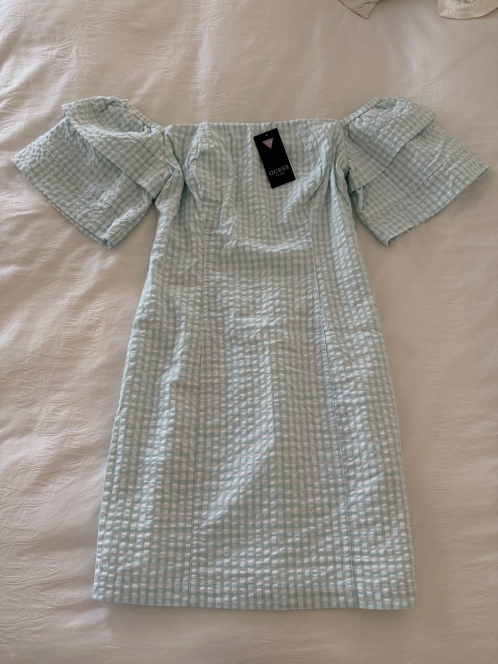 GUESS Light Blue Gingham One-Shoulder Dress